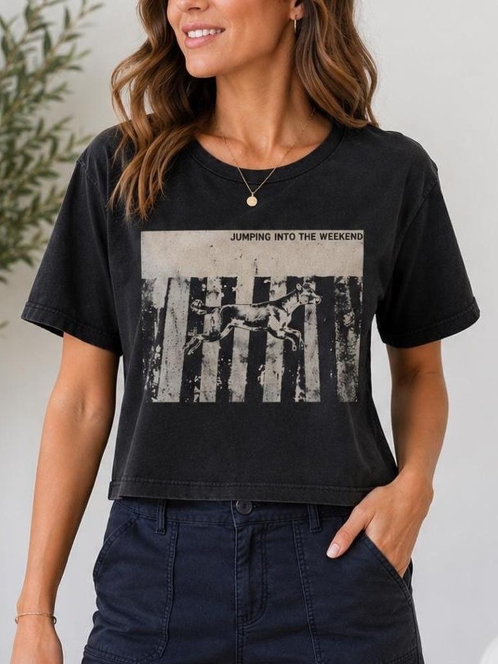 aerie Graphic Crop “Jumping into the Weekend” Tee in Charcoal with Fox Print